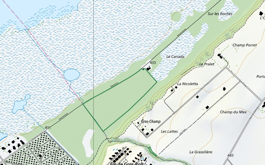 swisstopo national map showing the protected perimeter of Le Canada (Nature reserve)