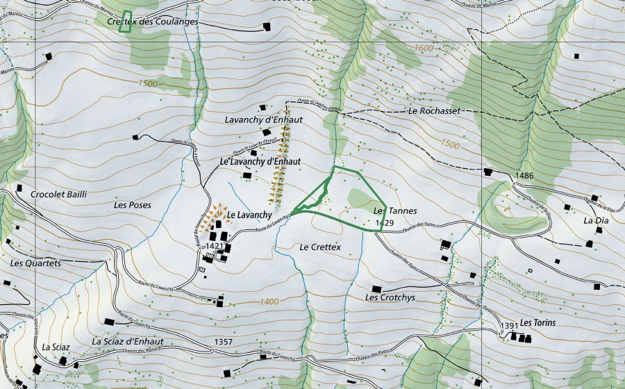 Carte nationale swisstopo avec le périmètre protégé de Le Lavanchy (Réserve naturelle)