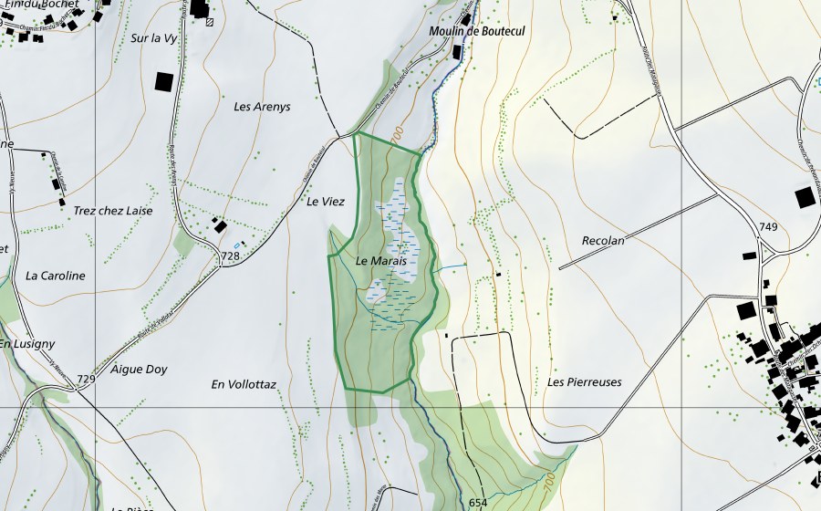 Carta nazionale swisstopo con il perimetro protetto di Le Marais de Le Vaud (Riserva naturale)