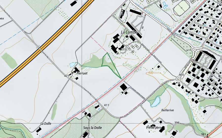 Carte nationale swisstopo avec le périmètre protégé de Le Pierruet (Réserve naturelle)