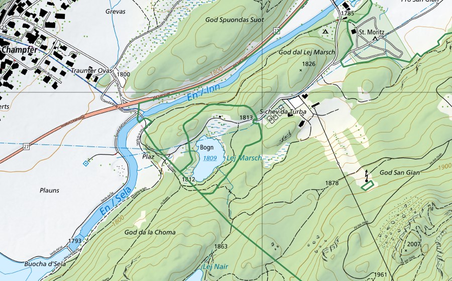 Landeskarte swisstopo mit dem Schutzperimeter von Lej Marsch (Naturschutzgebiet)