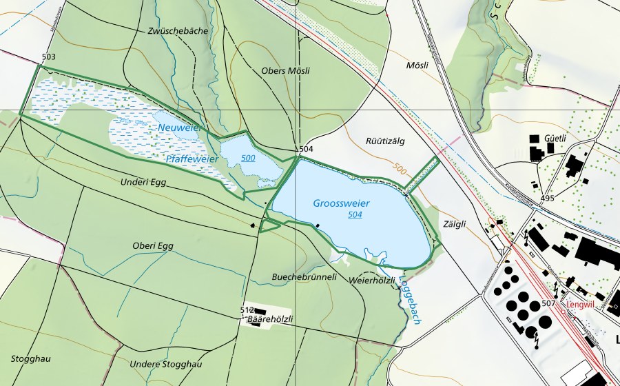 Carte nationale swisstopo avec le périmètre protégé de Lengwiler Weiher (Réserve naturelle)
