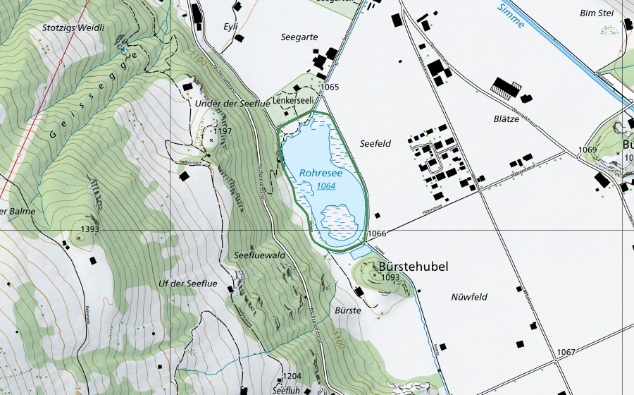 Landeskarte swisstopo mit dem Schutzperimeter von Lenkerseeli (Naturschutzgebiet)