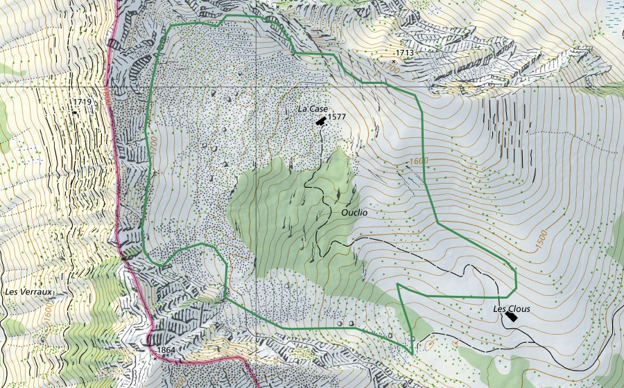 Landeskarte swisstopo mit dem Schutzperimeter von Les Cases (Naturschutzgebiet)