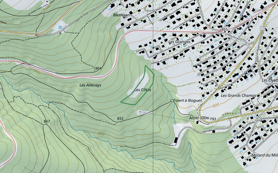 Carte nationale swisstopo avec le périmètre protégé de Les Côtes - Allevays (Réserve naturelle)