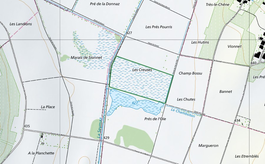 Carte nationale swisstopo avec le périmètre protégé de Les Creuses (Réserve naturelle)