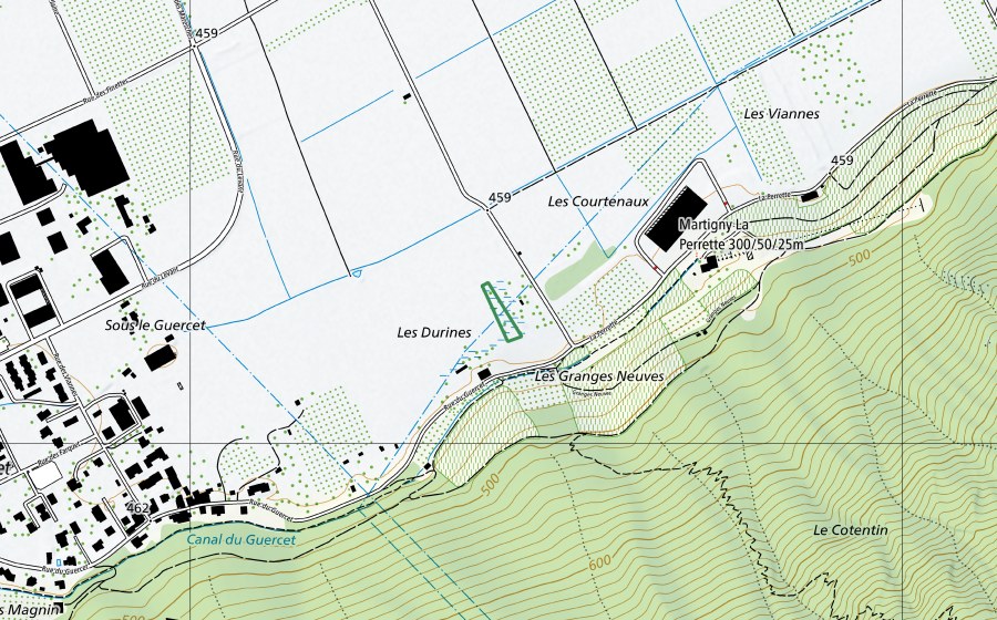 Landeskarte swisstopo mit dem Schutzperimeter von Les Durines (Naturschutzgebiet)