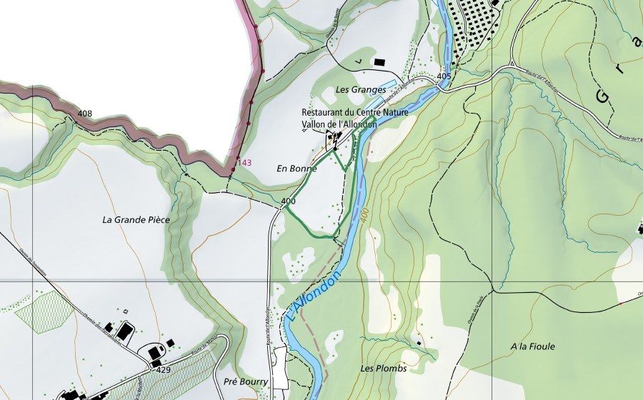 Carte nationale swisstopo avec le périmètre protégé de Les Granges (Réserve naturelle)