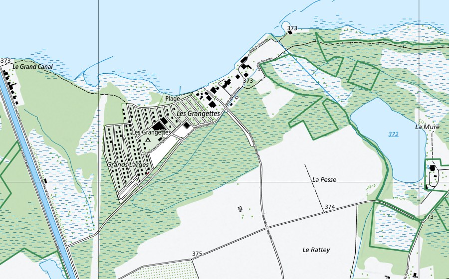 swisstopo national map showing the protected perimeter of Les Grangettes (Nature reserve)
