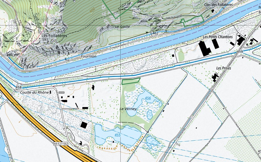 Carte nationale swisstopo avec le périmètre protégé de Les gravières du Verney (Réserve naturelle)