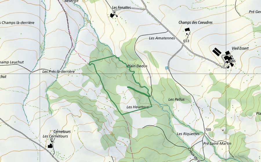 Landeskarte swisstopo mit dem Schutzperimeter von Les Heurtous (Naturschutzgebiet)