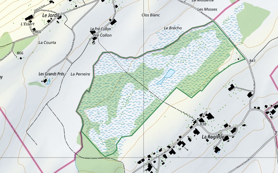 swisstopo national map showing the protected perimeter of Les Mosses de la Rogivue (Nature reserve)
