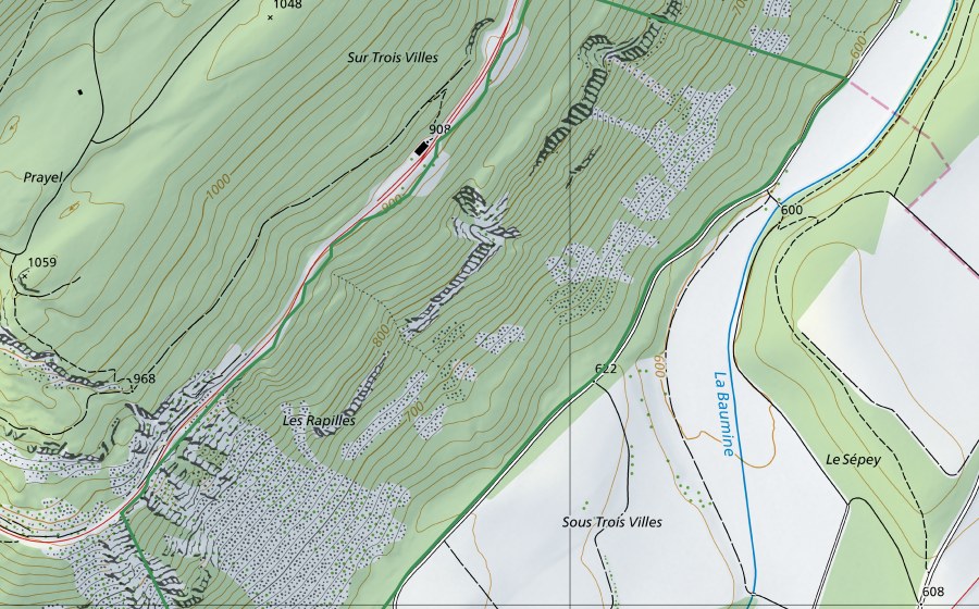 Landeskarte swisstopo mit dem Schutzperimeter von Les Rapilles (Naturschutzgebiet)