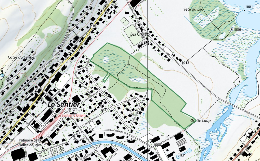swisstopo national map showing the protected perimeter of Les Sagnes du Sentier (Nature reserve)