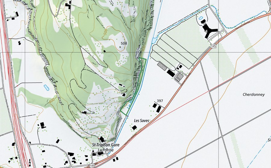 swisstopo national map showing the protected perimeter of Les Saves (Nature reserve)
