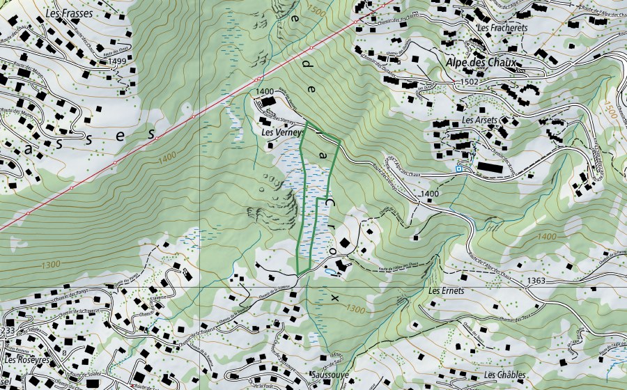 Landeskarte swisstopo mit dem Schutzperimeter von Les Verneys (Naturschutzgebiet)