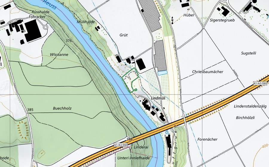 Carte nationale swisstopo avec le périmètre protégé de Lindmühle (Réserve naturelle)