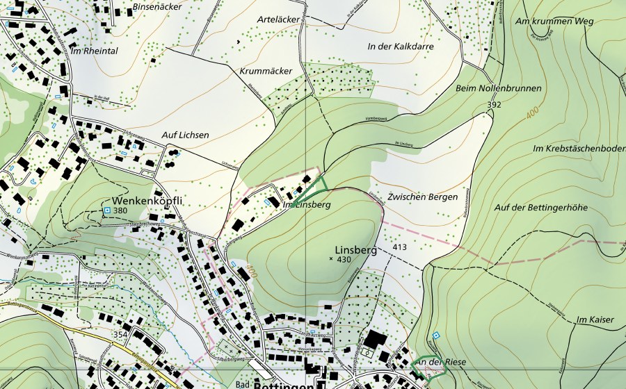 swisstopo national map showing the protected perimeter of Linsberg (Nature reserve)