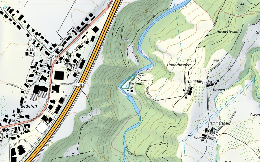 swisstopo national map showing the protected perimeter of Lochmühle (Nature reserve)