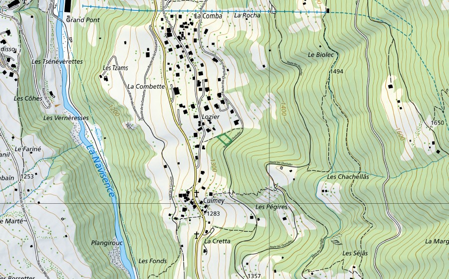 Landeskarte swisstopo mit dem Schutzperimeter von Lozier (Naturschutzgebiet)