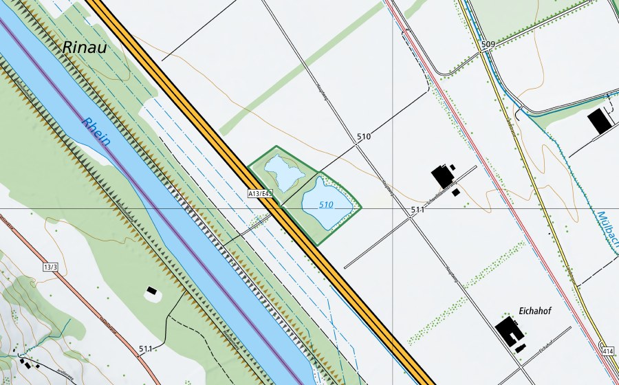 Carte nationale swisstopo avec le périmètre protégé de Maienfelder Teiche (Réserve naturelle)
