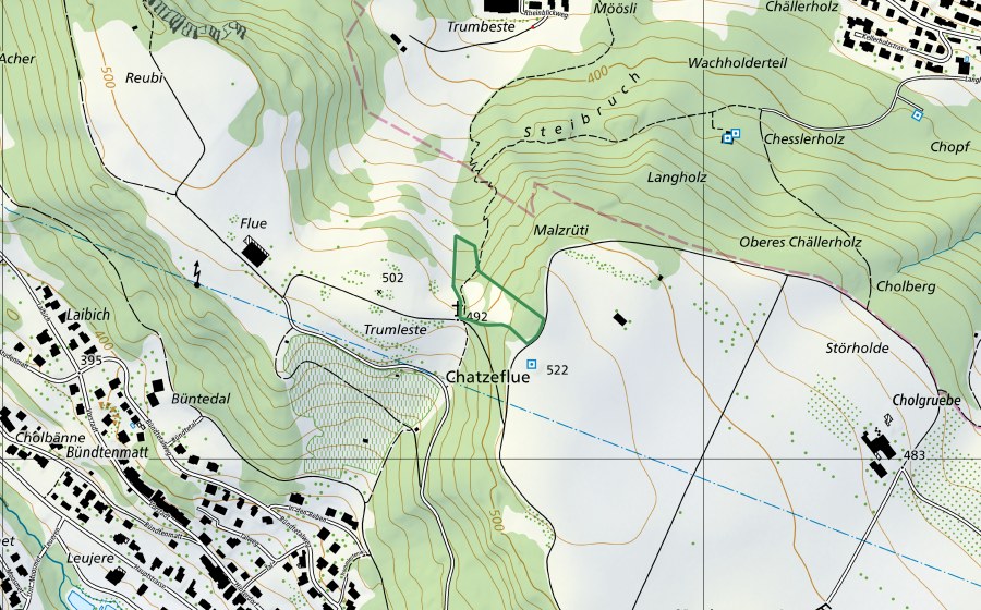 swisstopo national map showing the protected perimeter of Malzrüti (Nature reserve)