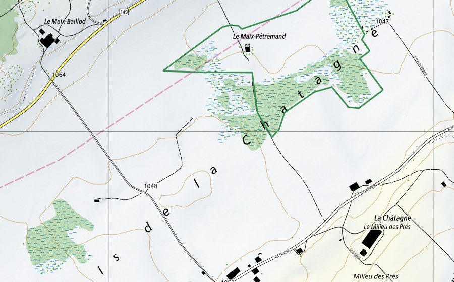 Landeskarte swisstopo mit dem Schutzperimeter von Marais de la Chatagne (Naturschutzgebiet)