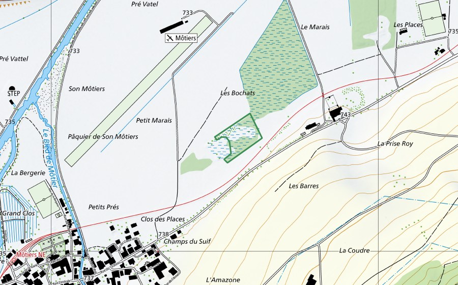 swisstopo national map showing the protected perimeter of Marais des Bochats-Ouest (Nature reserve)