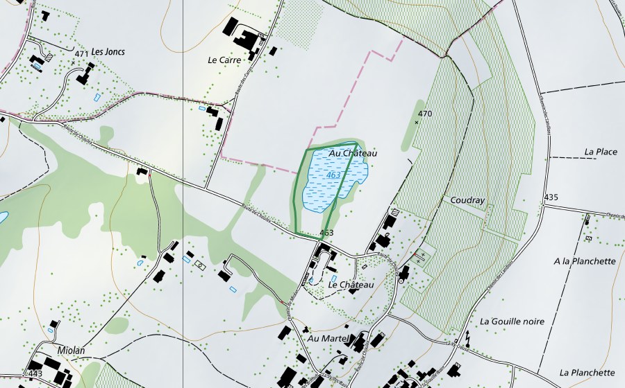Carte nationale swisstopo avec le périmètre protégé de Marais du Château (Réserve naturelle)
