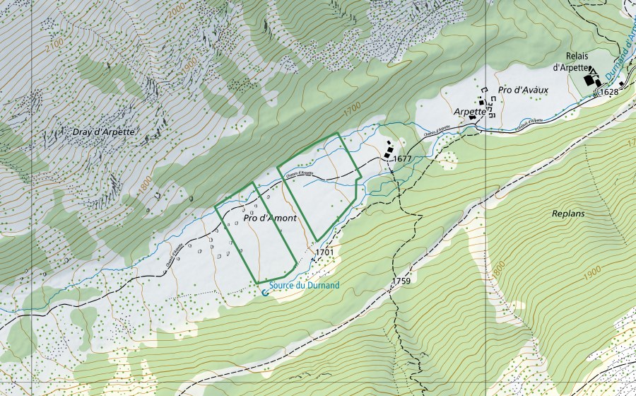 Carte nationale swisstopo avec le périmètre protégé de Marais Val d'Arpette (Réserve naturelle)