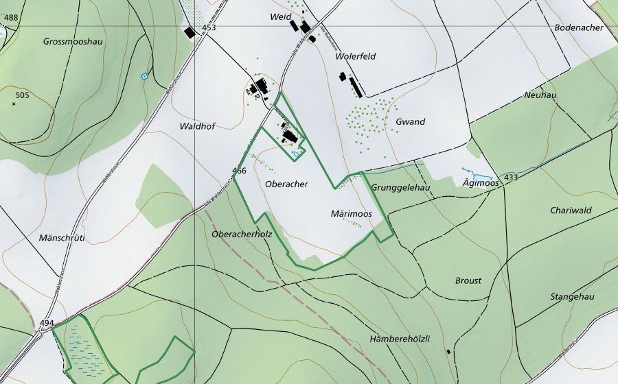 swisstopo national map showing the protected perimeter of Märimoos (Nature reserve)