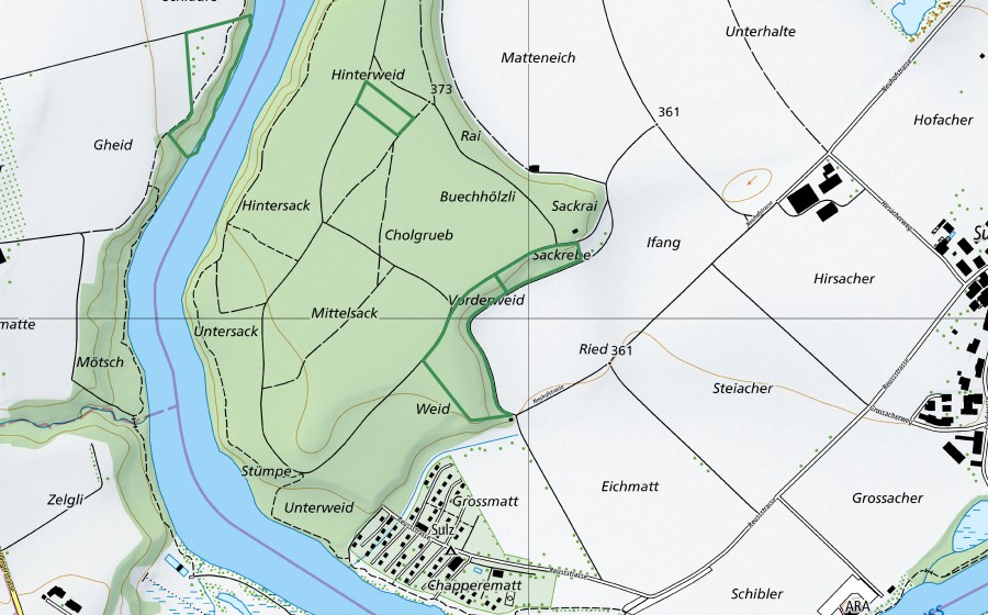 Carte nationale swisstopo avec le périmètre protégé de Matteneich (Réserve naturelle)