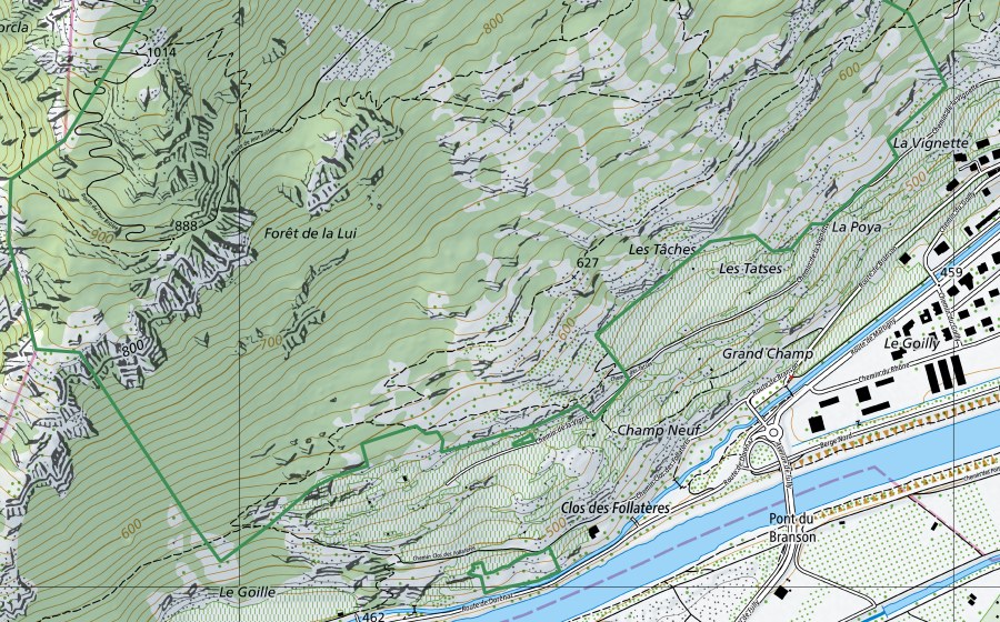 Carte nationale swisstopo avec le périmètre protégé de Mont du Rosel-Les Follatères (Réserve naturelle)