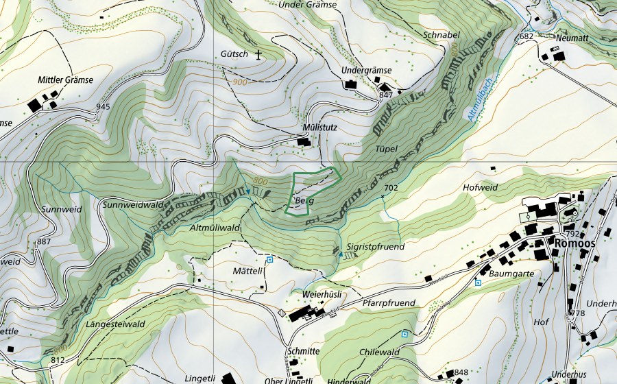 swisstopo national map showing the protected perimeter of Müliberg (Nature reserve)