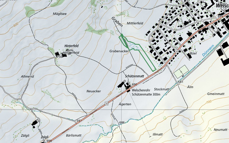 Carte nationale swisstopo avec le périmètre protégé de Munimatt (Réserve naturelle)