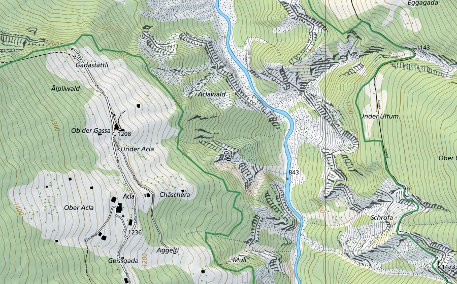 Carte nationale swisstopo avec le périmètre protégé de Naturwaldreservat Aclatobel (Réserve naturelle)