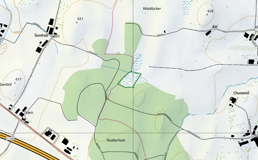 Landeskarte swisstopo mit dem Schutzperimeter von Nutzenbuecherwald (Naturschutzgebiet)