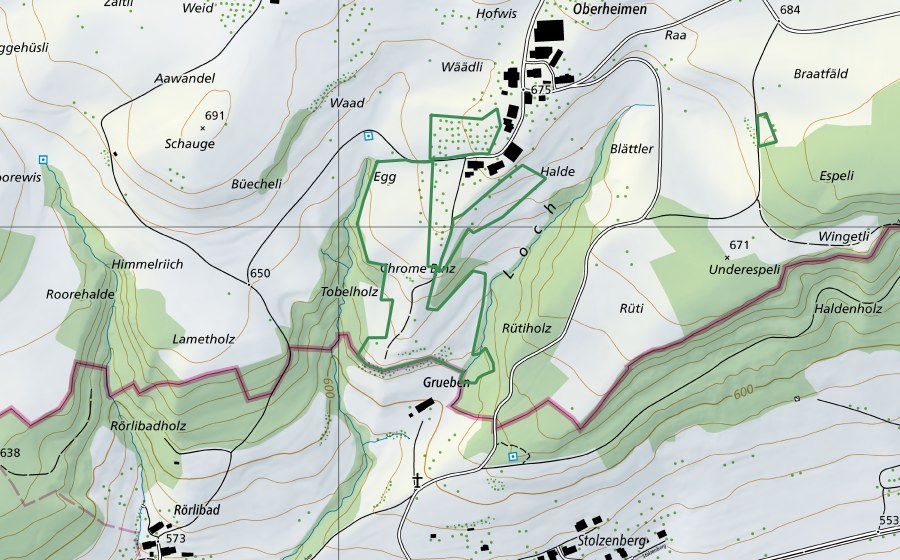 Carte nationale swisstopo avec le périmètre protégé de Oberheimen (Réserve naturelle)