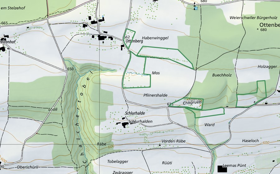 swisstopo national map showing the protected perimeter of Ottenberg (Nature reserve)