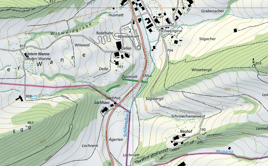 swisstopo national map showing the protected perimeter of Panzersperre Dellen (Nature reserve)