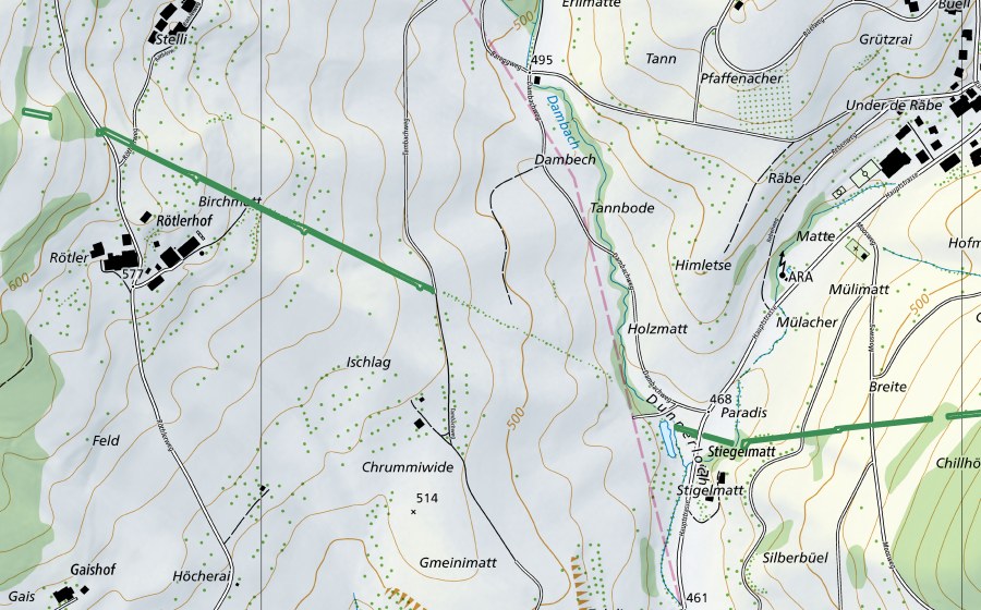swisstopo national map showing the protected perimeter of Panzersperre Holzmatt (Nature reserve)