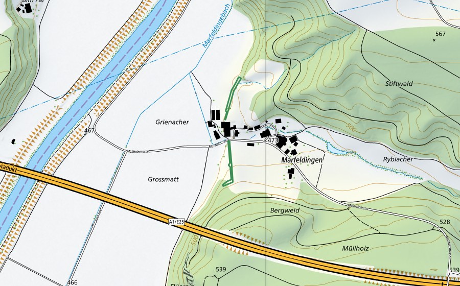 Carte nationale swisstopo avec le périmètre protégé de Panzersperre Marfeldingen (Réserve naturelle)