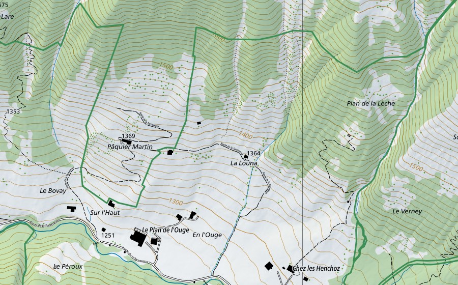 Carte nationale swisstopo avec le périmètre protégé de Pierreuse (Réserve naturelle)