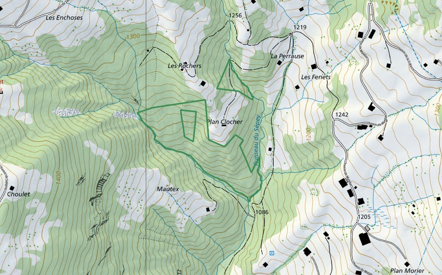 swisstopo national map showing the protected perimeter of Plan Clocher (Nature reserve)