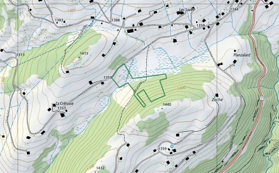 Carte nationale swisstopo avec le périmètre protégé de Planzalard (Réserve naturelle)