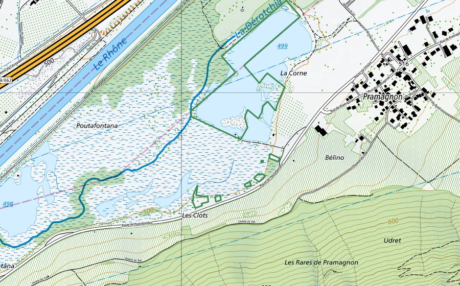 Landeskarte swisstopo mit dem Schutzperimeter von Pouta Fontana - La Corne (Naturschutzgebiet)