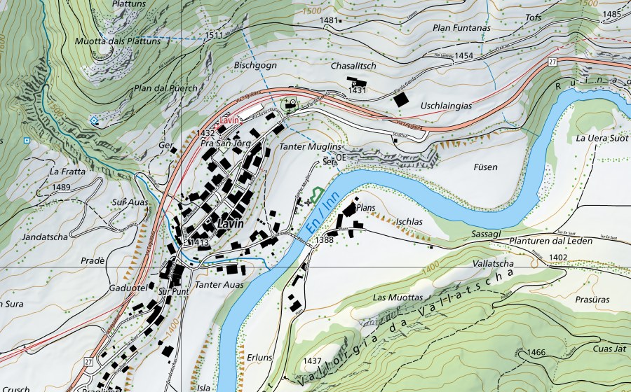 Carte nationale swisstopo avec le périmètre protégé de Pra da Plaiv (Réserve naturelle)
