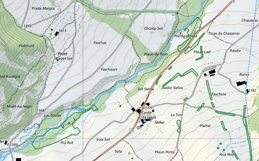 Carte nationale swisstopo avec le périmètre protégé de Pra Rot, Pra da la Fora, Pradöni (Réserve naturelle)