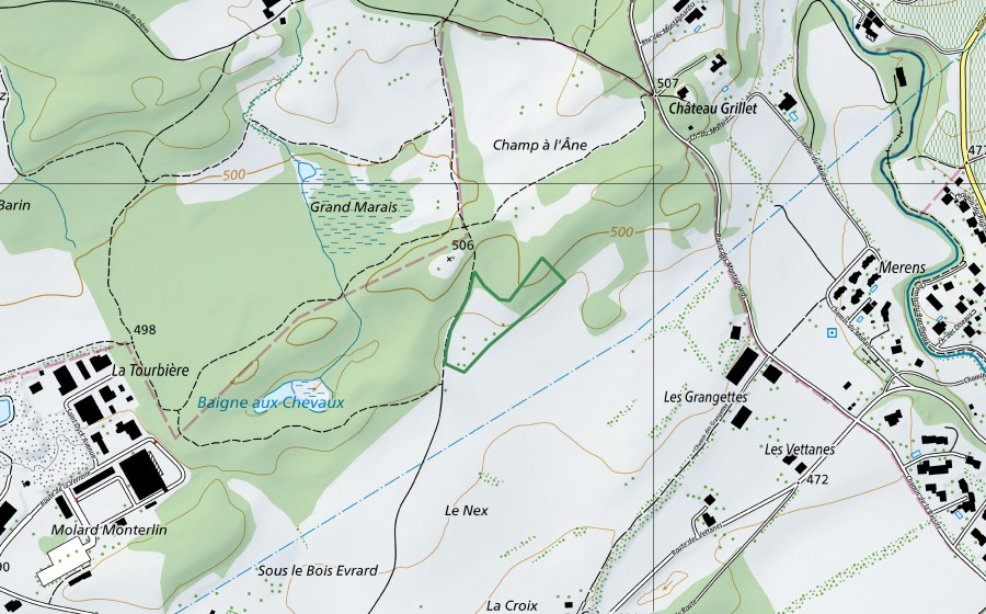 Carte nationale swisstopo avec le périmètre protégé de Pré Jacot (Réserve naturelle)