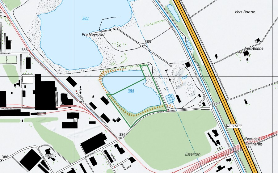 Carte nationale swisstopo avec le périmètre protégé de Pré Neyroud (Réserve naturelle)